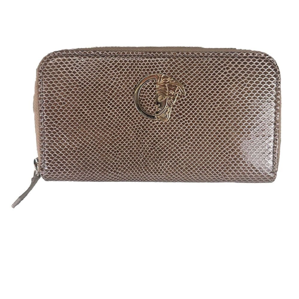 Versace Collection‎ Leather Medusa Brown Patent Zip Around Long Wallet Accordion